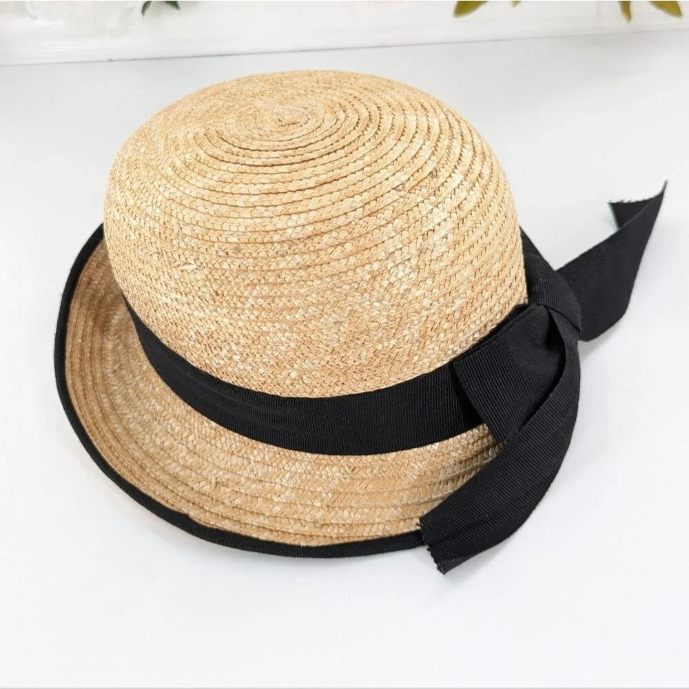 Tirabasso Italian Straw Wicker Black Bow Sun Hat Adjustable Kids Size Small/XS